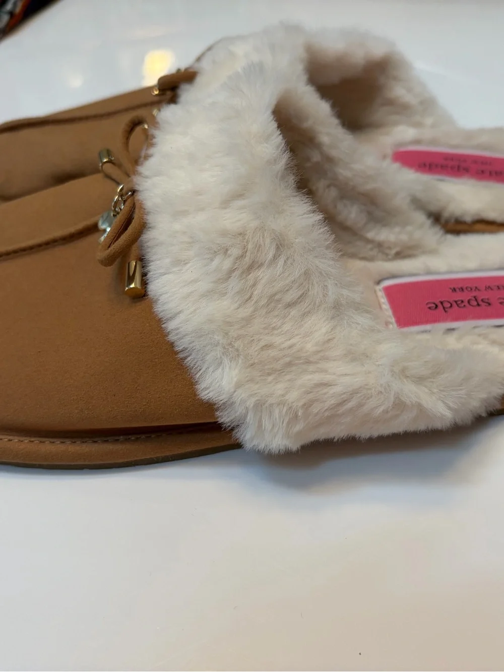 #791 kate spade Camel Faux-Suede Faux-Fur Mule Slippers. NWT